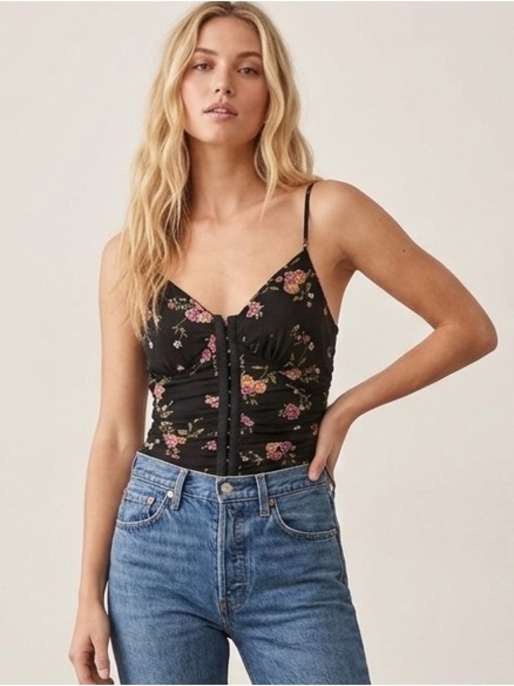 Meraki Mesh Bodysuit V Neck Rose Black Floral Corset Hook Front Medium